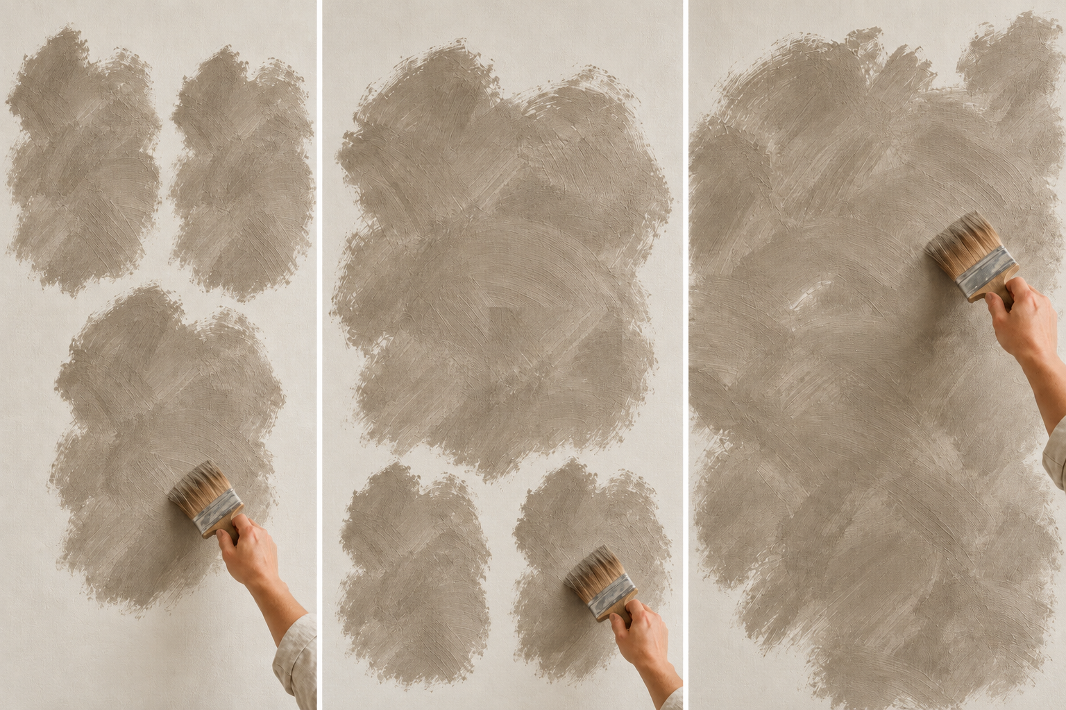 Three-stage demonstration of the KULTA cloud-like lime paint finish using a wide brush